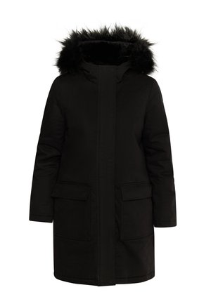 Parka nera con cappuccio foderato in pelliccia sintetica, dotata di zip nascosta, due tasche frontali e una linea dritta.