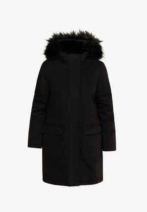 Zwarte parka jas met een gevoerde capuchon van nepbont, voorzien van een verborgen rits, twee zakken aan de voorkant en een recht gesneden ontwerp.