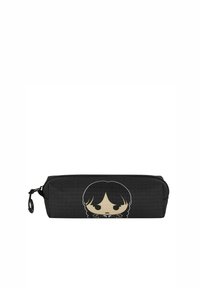 Trousse noire avec une surface texturée, présentant un design de personnage de dessin animé en beige. Fermeture éclaire avec un tirant noir.
