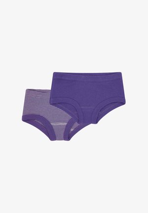 Due paia di mutande viola: una completamente viola, l'altra a strisce sottili bianche. Materiale di cotone, texture morbida e una vestibilità aderente.