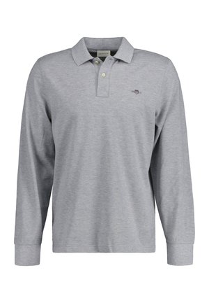 Gray long-sleeve polo shirt made of cotton, featuring a three-button placket and embroidered logo on the left chest. Soft texture.