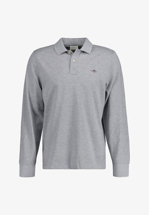 Långärmad grå polo tröja i bomullsblandning, med krage, treknäppt knäppning och liten broderad logotyp på bröstet.