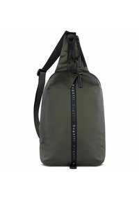Borsa a tracolla in nylon verde scuro, caratterizzata da una forma elegante e arrotondata con chiusura superiore a zip e una tracolla nera con dettagli del logo.