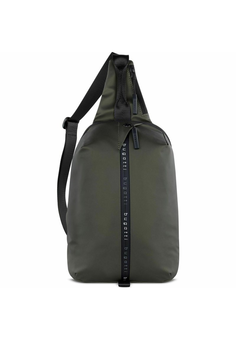Borsa a tracolla in nylon verde scuro, caratterizzata da una forma elegante e arrotondata con chiusura superiore a zip e una tracolla nera con dettagli del logo.