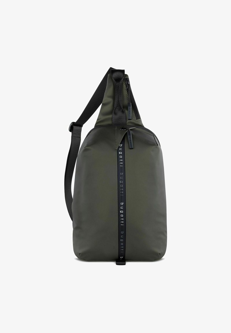 Borsa a tracolla in nylon verde scuro, caratterizzata da una forma elegante e arrotondata con chiusura superiore a zip e una tracolla nera con dettagli del logo.