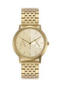 Orologio analogico dorato con quadrante in metallo spazzolato, iniziali del marchio "AX" ben visibili e cinturino a bracciale. Indicatori delle ore minimalisti.
