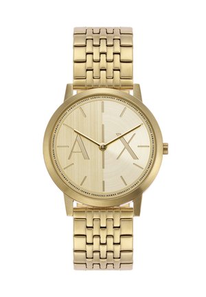 Goldfarbene Analog-Uhr mit einem gebürsteten Metallzifferblatt, markanten Markeninitialen "AX" und einem verknüpften Armband. Minimalistische Stundenmarkierungen.