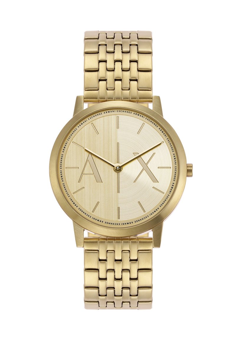 Orologio analogico dorato con quadrante in metallo spazzolato, iniziali del marchio "AX" ben visibili e cinturino a bracciale. Indicatori delle ore minimalisti.