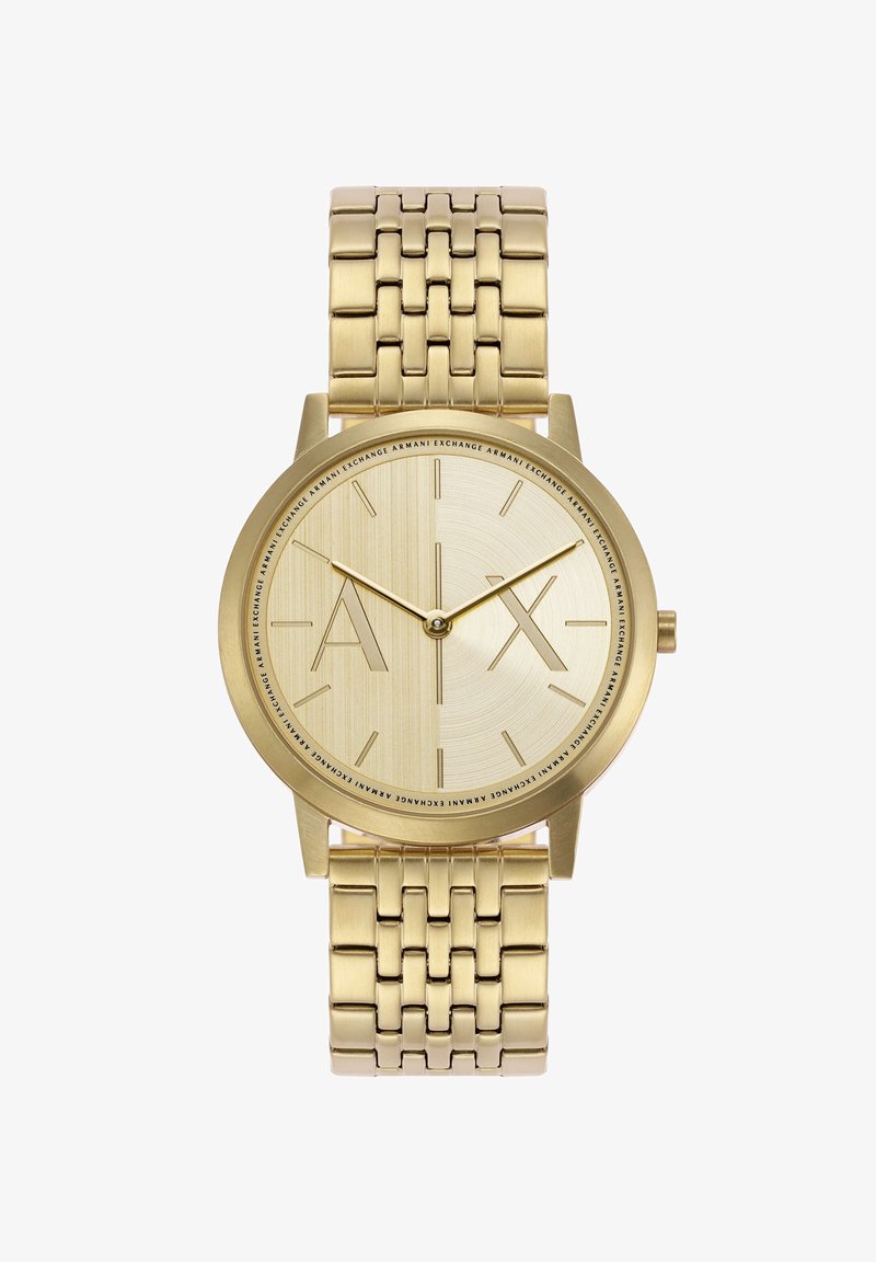 Goudkleurig analoog horloge met een geborsteld metalen wijzerplaat, opvallende merkinitialen "AX," en een schakelband. Minimalistische uurmarkers.
