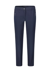 Námořnické modré kalhoty v designu slim-fit, s bočními zipovými kapsami, hladkým materiálem a předním zapínáním na knoflík. Flexibilní pas pro pohodlí.