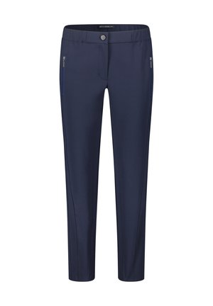 Pantalon bleu marine en coupe slim, avec des poches latérales zippées, un tissu lisse et une fermeture à bouton à l'avant. Ceinture flexible pour plus de confort.