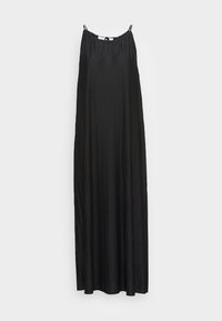 Černé maxi šaty s plisováním, tenkými ramínky a volným střihem. Vyznačují se hladkou texturou a splývavým designem, vhodné pro různé příležitosti.