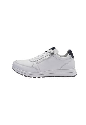 White leather sneaker with a smooth texture and contrasting dark blue heel. Features lace-up closure and side zip for easy access. Rubber sole.