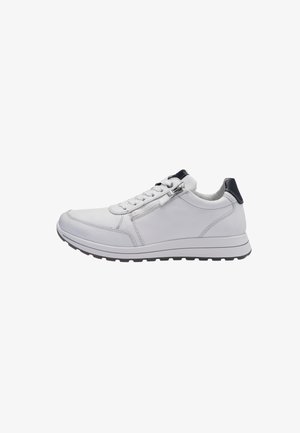 White leather sneaker with a smooth texture and contrasting dark blue heel. Features lace-up closure and side zip for easy access. Rubber sole.