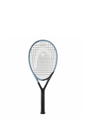 Racchetta da tennis con testa blu chiaro, gola nera e impugnatura nera testurizzata. Presenta un motivo a griglia nella zona cordata e una forma ergonomica.