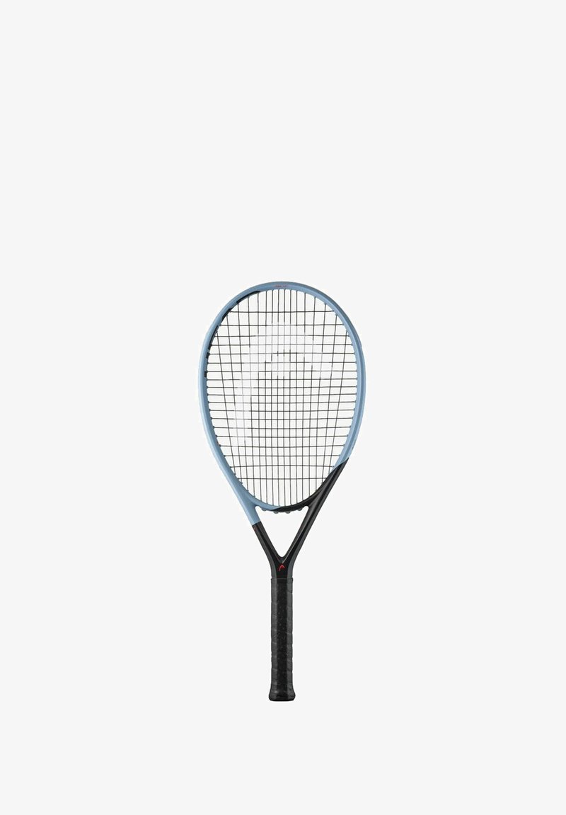 Tennisracket mit einem hellblauen Kopf, schwarzem Schaft und strukturiertem schwarzen Griff. Verfügt über ein Gittermuster im bespannten Bereich und eine ergonomische Form.