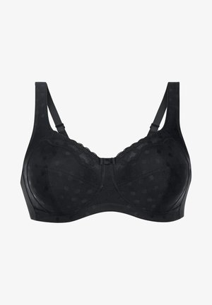 Zwarte bh met een stippenpatroon, zachte stof, verstelbare bandjes en een sluiting met vijf haakjes op de rug voor extra ondersteuning.