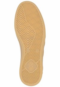 Beige gummisul med ett fiskbensmönster, med en diamantlogotyp och storlekar märkta, släta kanter och en flexibel design.