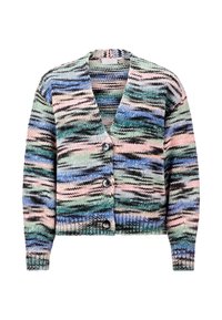 Gebreide cardigan met een V-hals, met een multikleurig patroon in groen, blauw, roze en zwart, voorzien van vier zwarte knopen en geribbelde manchetten.