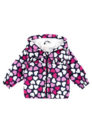 Leichte marineblaue Jacke mit einem Herzmuster in Rosa und Weiß, mit geraffter Vorderseite, durchgehendem Reißverschluss und elastischen Bündchen.