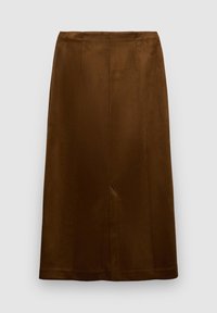 Brown, knee-length pencil skirt made of smooth fabric, featuring a straight cut, subtle pleats, and a center back vent.
