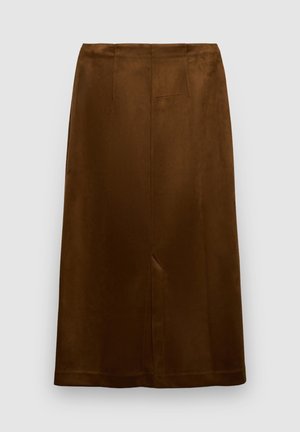 Brauner, knielanger Bleistiftrock aus glattem Stoff, mit geradem Schnitt, dezenten Falten und einem mittigen Rückenschlitz.