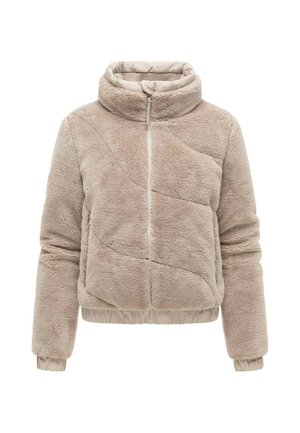 Beige Sherpa-Fleecejacke mit durchgehendem Frontreißverschluss, hohem Kragen, langen Ärmeln und elastischen Bündchen sowie Saum.