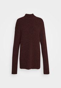 Pull col roulé bordeaux en tissu tricoté texturé, à manches longues et coupe décontractée, avec un motif côtelé subtil.