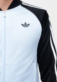 Osoba nosząca jasnoniebieską kurtkę zapinaną na zamek z czarnymi rękawami i białymi paskami, z czarnym logo Adidas trefoil na piersi.