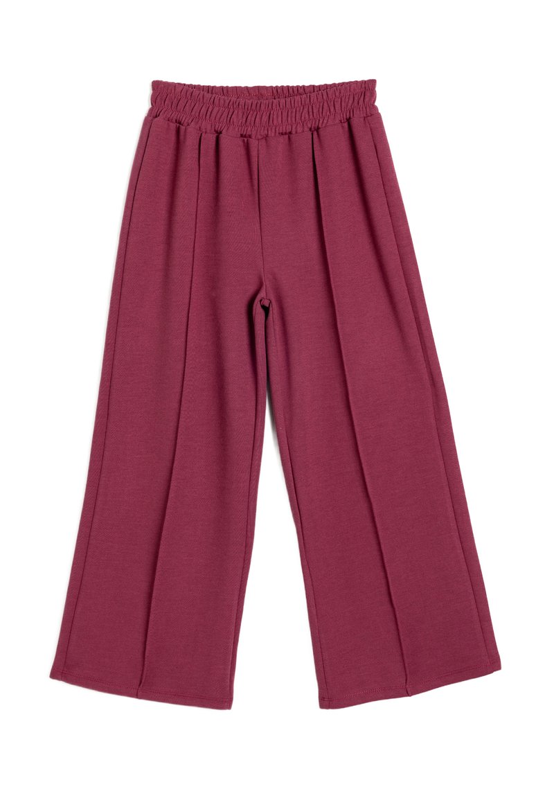 Pantalones de pierna ancha en un rico color burdeos, hechos de una tela suave con una cintura elástica y pliegues bien doblados.