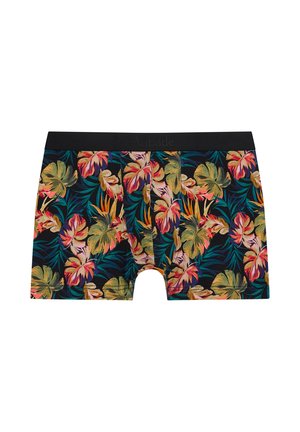 Boxer homme avec un motif de feuilles tropicales en tons verts, orange et rose, avec une ceinture noire unie.