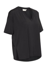 Maglietta nera a maniche corte con scollatura a V, realizzata in tessuto morbido e leggero. Presenta fessure laterali e una vestibilità rilassata per maggiore comfort. Design minimalista.