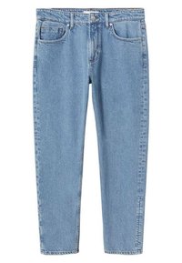 Vaqueros de mezclilla azul claro con corte de pierna recta, cinco bolsillos y cierre frontal de botones. Presenta la textura y costuras típicas de la mezclilla.