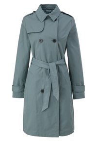 Trench-coat vert d'eau clair en tissu lisse, avec des boutons croisés, une ceinture et un col cranté avec épaulettes.