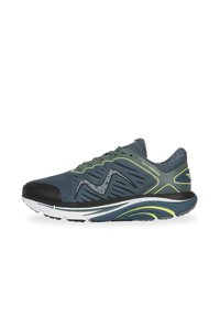 Men's running shoes in dark blue and black, featuring mesh upper, textured accents, reflective details, and cushioned white sole.