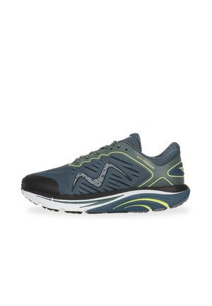 Men's running shoes in dark blue and black, featuring mesh upper, textured accents, reflective details, and cushioned white sole.
