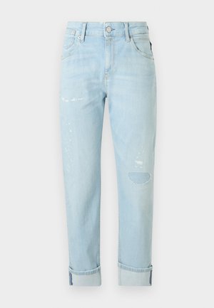 Lichtblauwe denim jeans met een relaxte pasvorm, voorzien van verwerkte details, een opgerolde zoom en riemlussen.