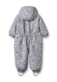 Kombinezon zimowy w jasnoszarym kolorze z kwiatowym wzorem, wyposażony w kaptur, elastyczne mankiety i pętle na nogi. Wykonany z izolowanego, wodoodpornego materiału.