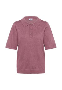 Koszulka polo z krótkim rękawem w kolorze mauve, z klasycznym kołnierzykiem i zapięciem na trzy guziki. Wykonana z teksturowanej dzianiny o luźnym kroju.