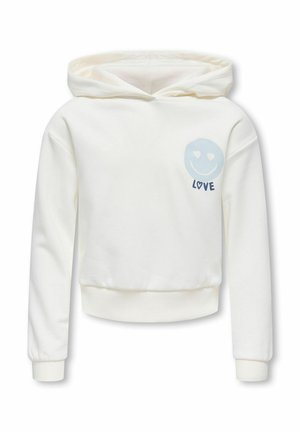 Felpa bianca con cappuccio e design corto. Presenta una grafica blu di una faccina sorridente con cuori e la scritta "LOVE" sul lato sinistro del petto.