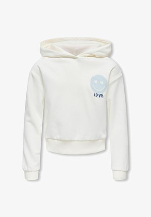 Felpa bianca con cappuccio e design corto. Presenta una grafica blu di una faccina sorridente con cuori e la scritta "LOVE" sul lato sinistro del petto.