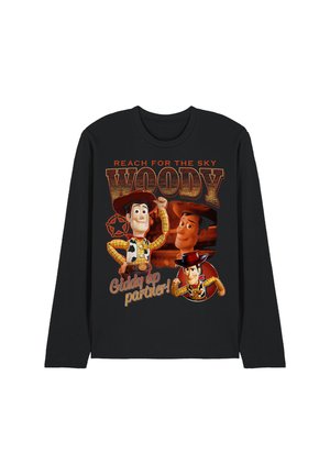 Black long-sleeve shirt featuring three images of Woody from Toy Story with text "Reach for the sky WOODY" and "Giddy up partner!"