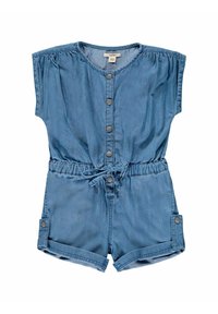 Denim romper, jossa on lyhyet hihat, nappisulku, säädettävä vyötärönauha ja käänteet vaaleansinisessä värissä. Pehmeä tekstuuri, ei kuvioita.