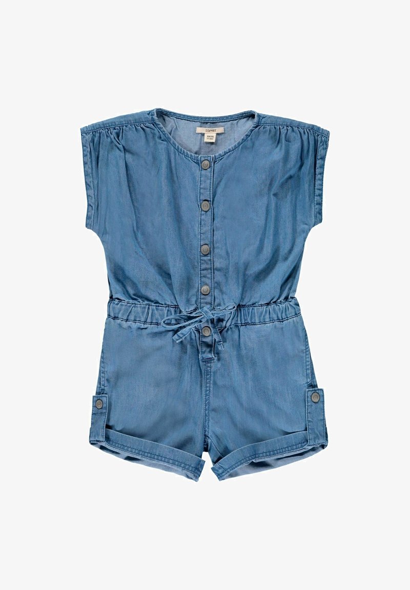 Denim romper featuring short sleeves, a button front, adjustable waist tie, and rolled cuffs in a light blue color. Soft texture, no patterns.