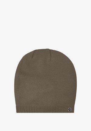 Braune Strickmütze mit weicher Textur, abgerundetem Oberteil und geripptem Saum. Verfügt über ein kleines, rundes Logo auf der unteren Seite.