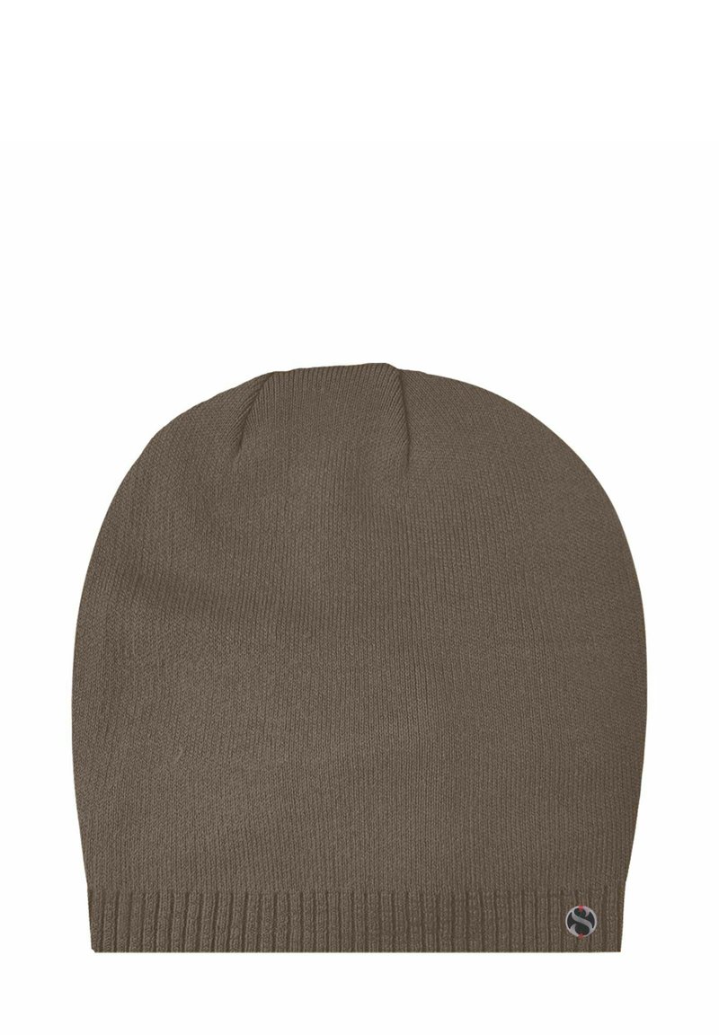 Brown knit beanie hat with a soft texture, rounded top, and ribbed edge. Features a small circular logo on the lower side.