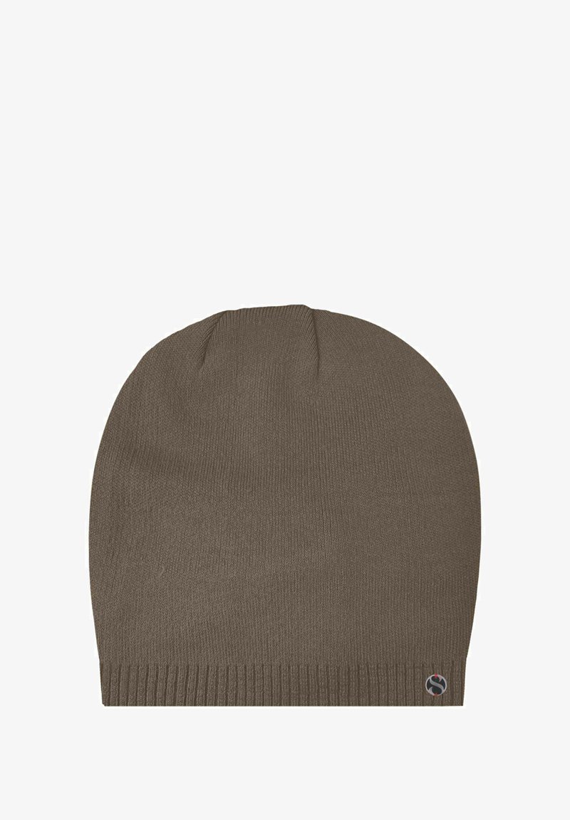 Brown knit beanie hat with a soft texture, rounded top, and ribbed edge. Features a small circular logo on the lower side.