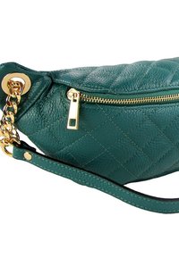 Groene doorgestikte leren handtas met een gouden ritssluiting, ketting en banddetails. Getextureerde afwerking en rechthoekige vorm.