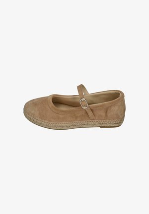Tan suede Mary Jane flat with a silver buckle strap and woven espadrille-style sole.