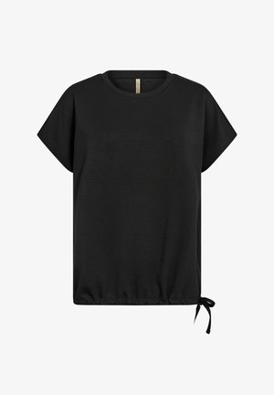 Svart t-shirt i mjukt tyg, med rund halsringning, korta ärmar och en samlad, justerbar nederkant med en sidan knytning.